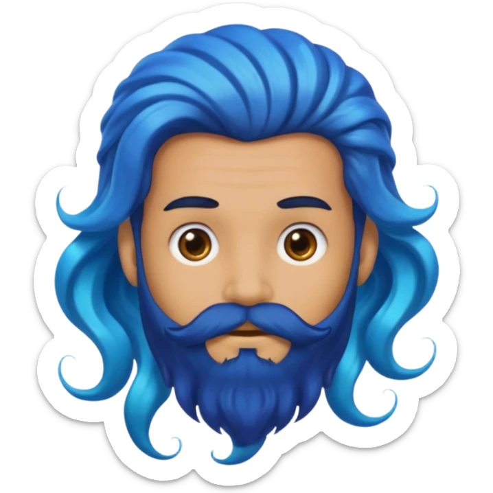 male with extra wavy, flowing blue mermaid hair and black beard, emoji style sticker