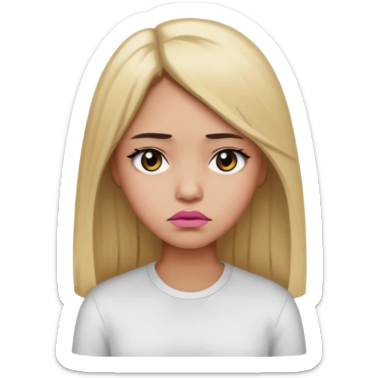 Mujer color de piel moreno claro, con cabello rubio largo, lacio y suelto, ojos negros, labios color rosita, triste  sticker