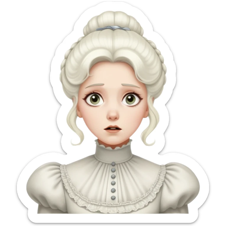 Awestruck Victorian-era white woman with white coiffed hair, light eyes, wearing a simple turtleneck Victorian gown, with a dropped jaw in shock sticker