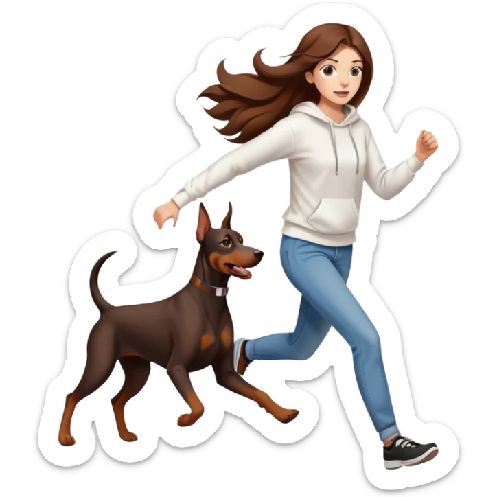 A beautiful girl with long hair wearing a white sweatshirt and jeans is running with a Doberman sticker