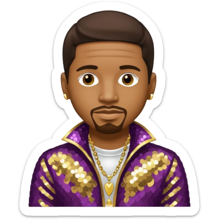 Stevie J, Record Producer with dark brown hair, gold outfit sticker