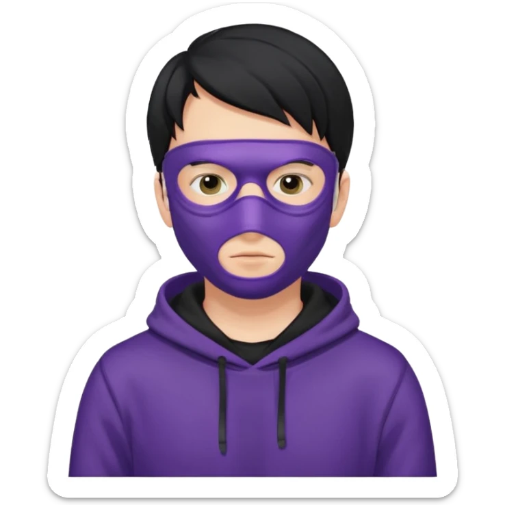white man with black hair and black hoodie violett face mask thats covering the eyes sticker