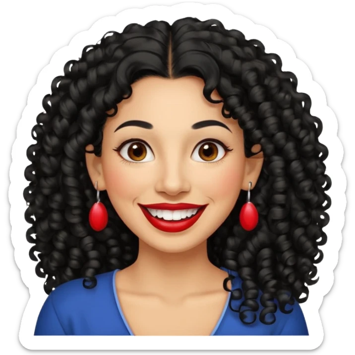 40 yr old peruvian woman, very curly long black hair, red lipstick, big smile, white teeth, brown eyes, hoop earings sticker