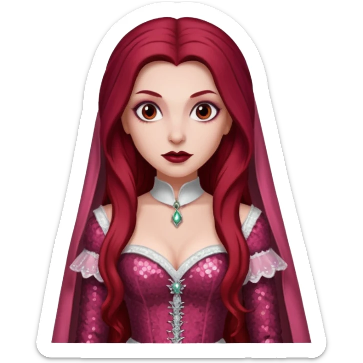 Aleera, Bride of Dracula from Van Helsing with long dark red hair, light pink sequin outfit sticker