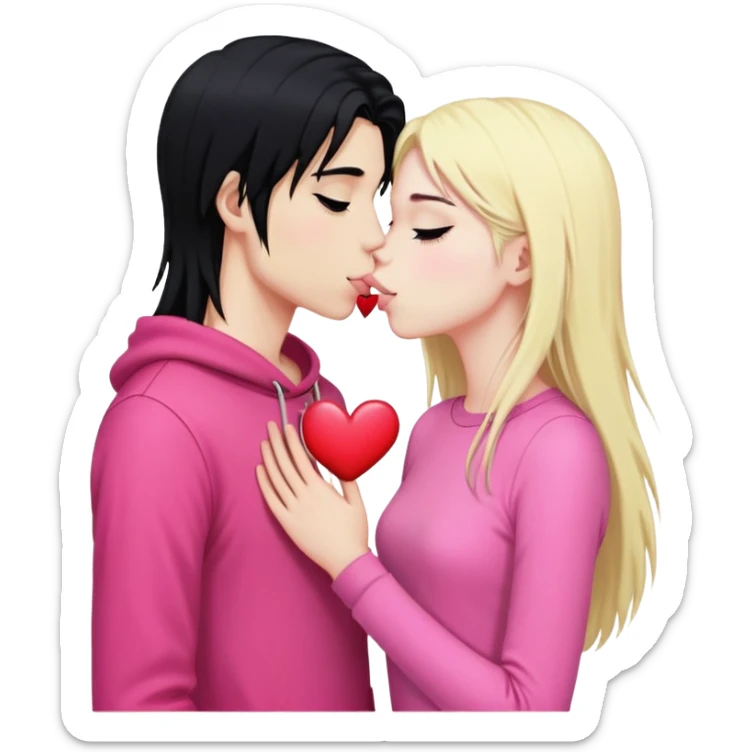 Emo boy with long black emo hair kissing o long blonde girl pink clothes heart sticker