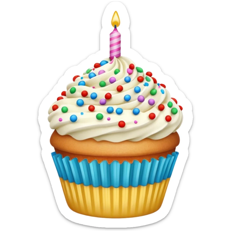 birthday cupcake with white cream, and colorful sprinkles on the top. IOS emoji style. sticker