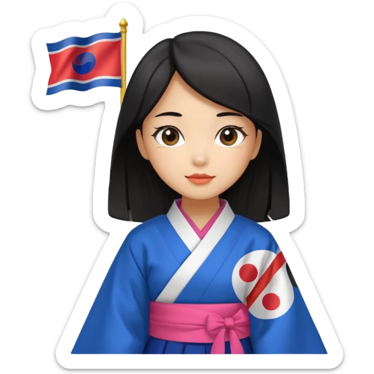 black hair girl with colorful hanbok holding south korea flag with white background sticker