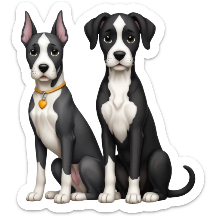 Adult Black and white great dane dog with cropped ears sitting with a small black and white cat sticker
