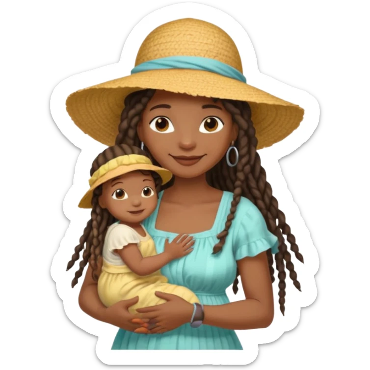 A black mom with long dread lock hair in a sunhat holding her baby gently, wearing a sun-dress while smiling softly. sticker