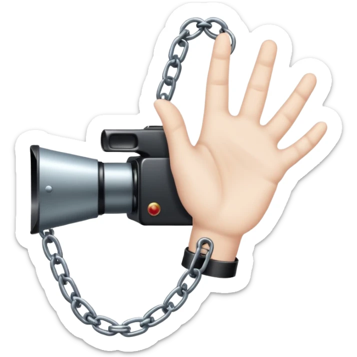 Minimalist emoji-style sticker of a human hand bound by a chain leading to a video camera. Icon-like, clean silhouette, muted tones. sticker