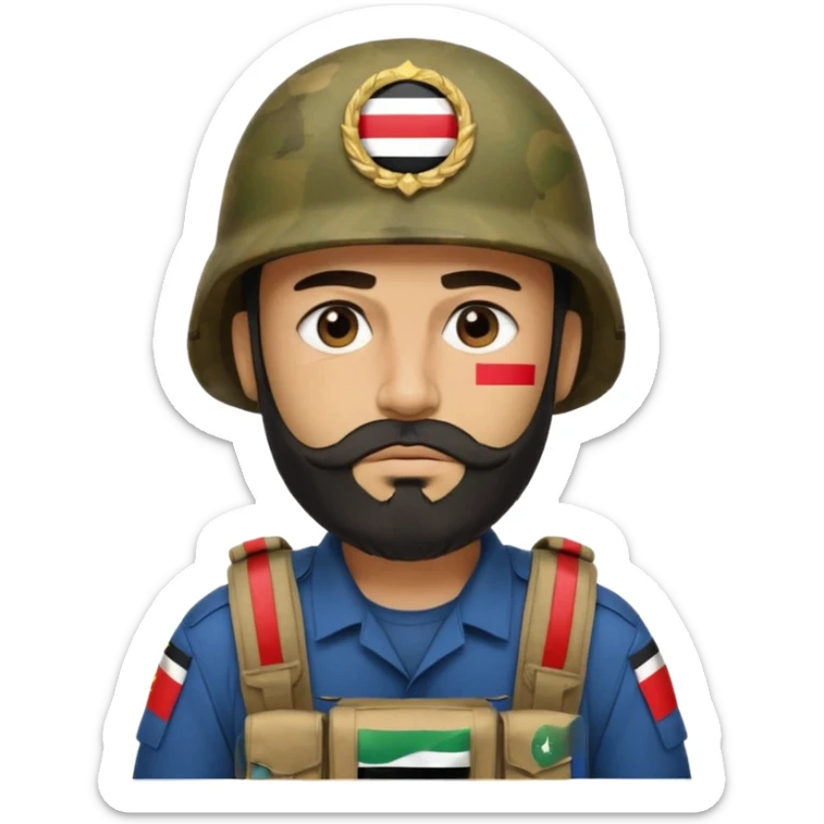 A tired, swarthy Iraqi soldier with a beard, an Iraqi flag on his helmet, a sad expression and bags under his eyes sticker