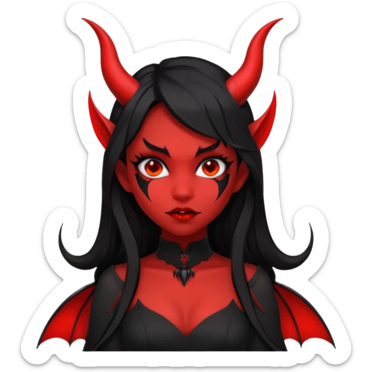 demon girl, skin red , black long hair, small horns, bat wing, black open-back dress, bold black outlines, red+black palette sticker