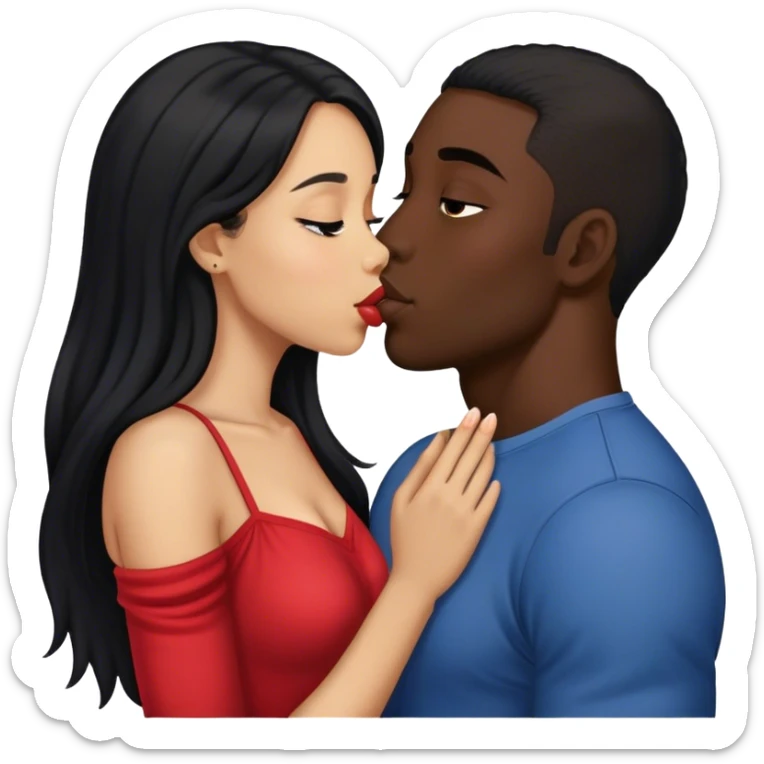 light skin girl with long black hair kissing a dark skin man sticker