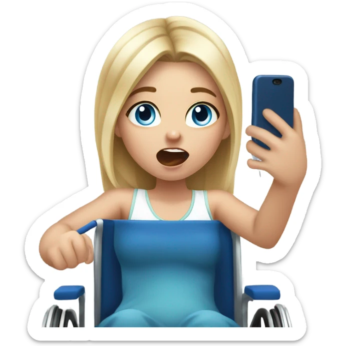 Screaming white girl with blonde hair and blue eyes in wheel chair taking selfies with iPhone sticker