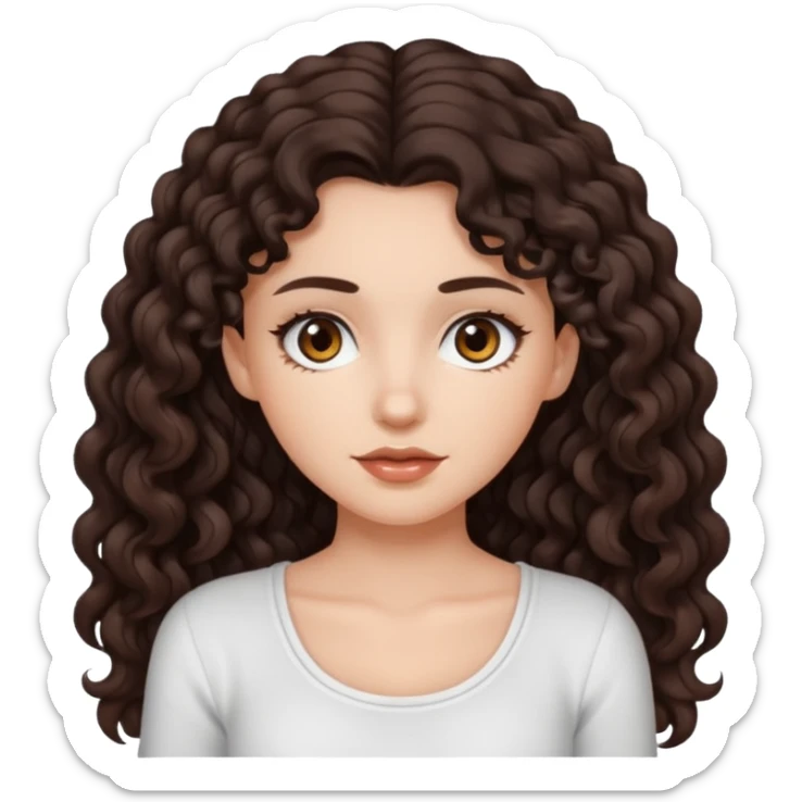 aesthetic white girl with dark brown long curly hair and darkbrown eyes  , white top sticker