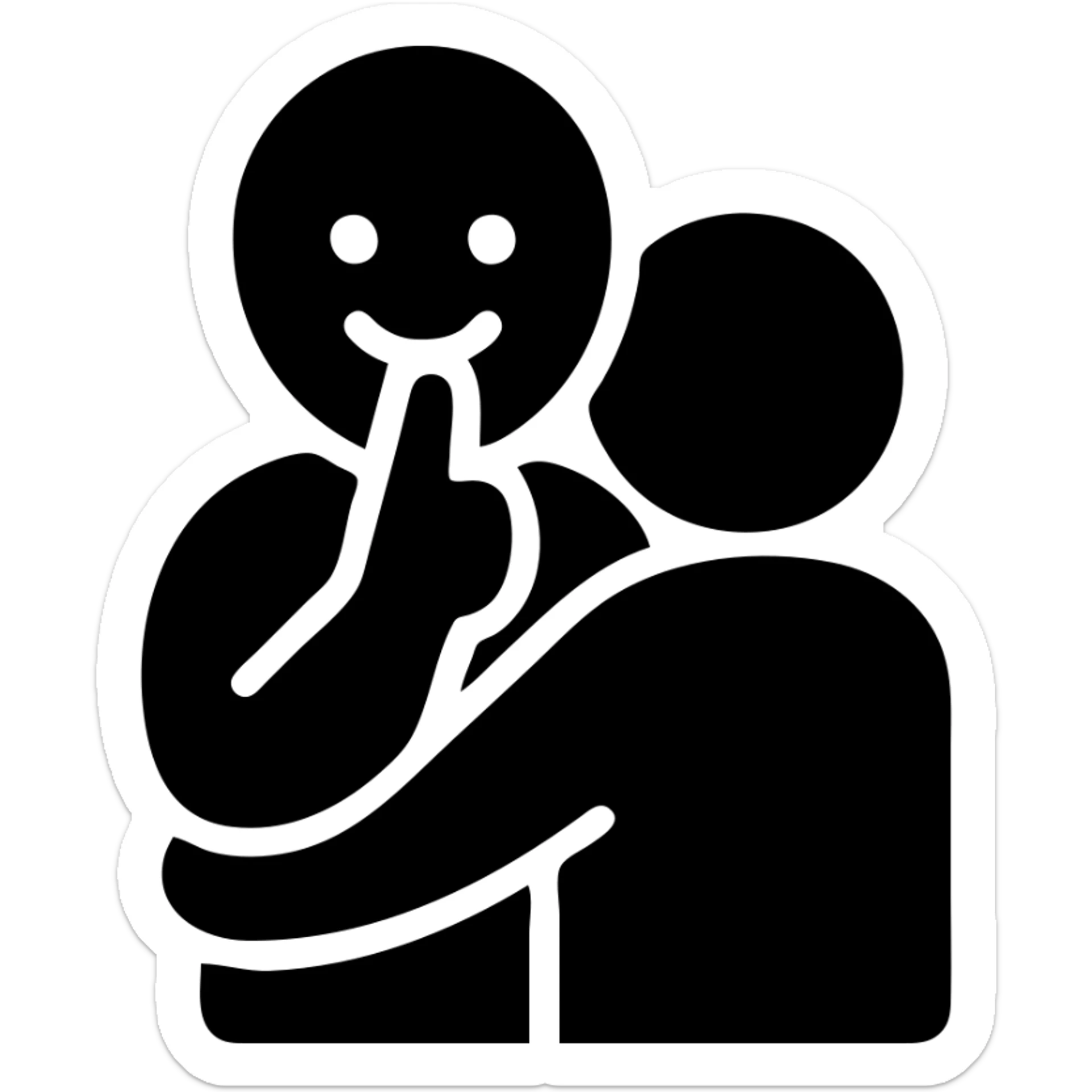 A person hugging another person with a mysterious smile and a finger to their lips sticker