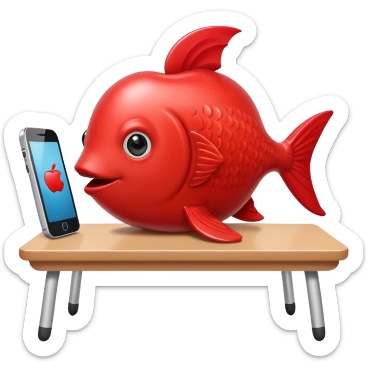 emoji stile apple di un pesce su un banco scolastico che gioca con il telefono perché si sta annoiando  sticker