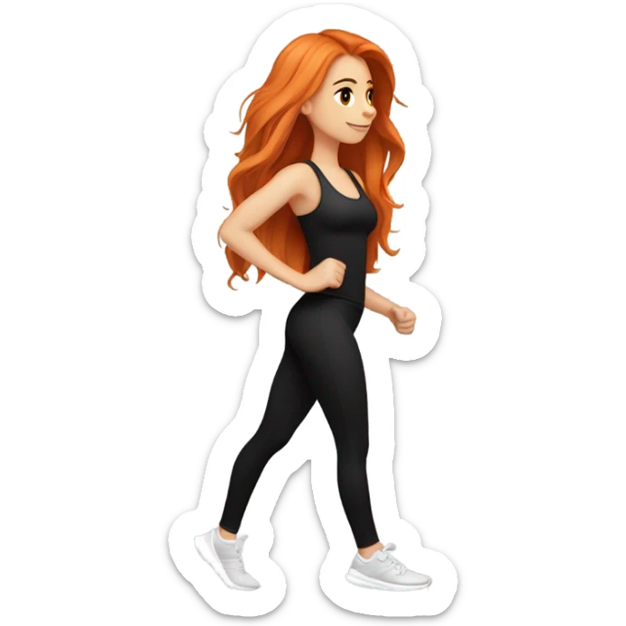 beautiful fair skin red orange long hair white girl cardio black leggings black top beautiful girly full body workout walking headphones side profile sticker