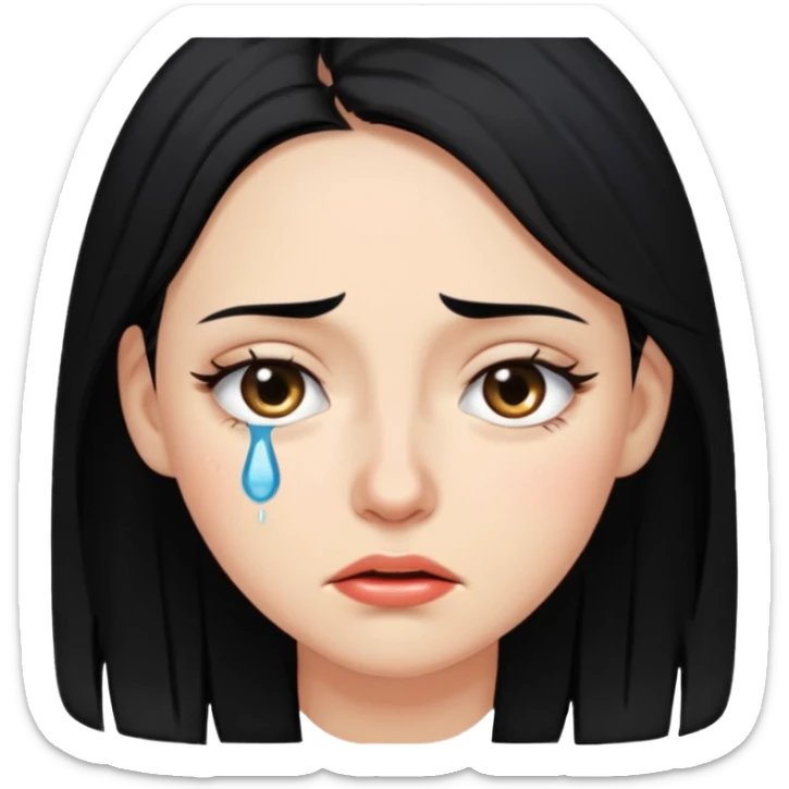 A woman in her late 20s with black hair with tears in her eyes and a look of hunger sticker
