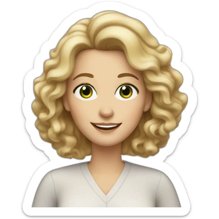 middle aged woman with blond and brown wavy hair, green eyes and a smile wearing hoop earrings sticker