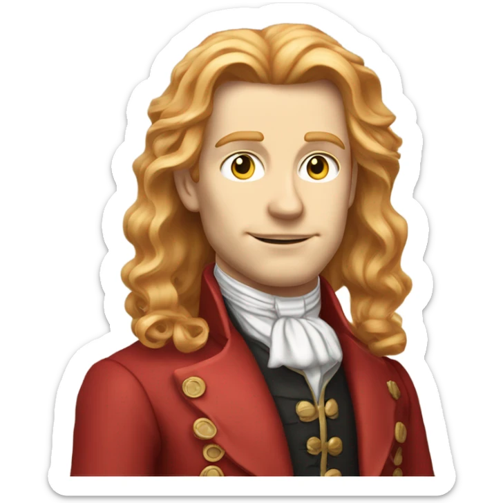 Male with Long strawberry blonde hair, wearing a red rebel suit from the 1800’s, pale skin sticker