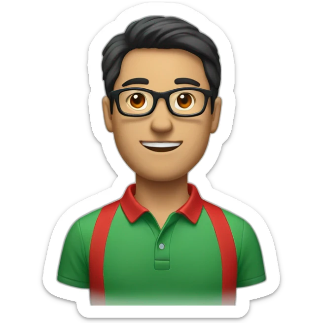 Man with black hair and glasses wearing red polo shirt with green color collar of the shirt sticker