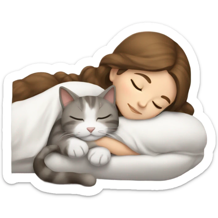 sleeping girl brown hair laying next to a white and gray cat sticker