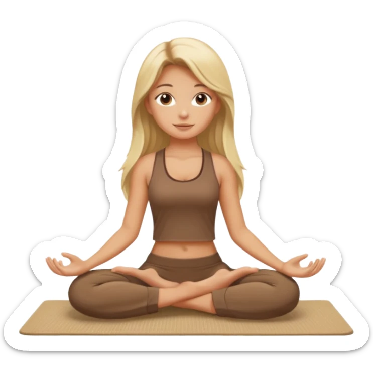 Blonde long hair girl sitting on a beige rug doing yoga, brown clothes sticker