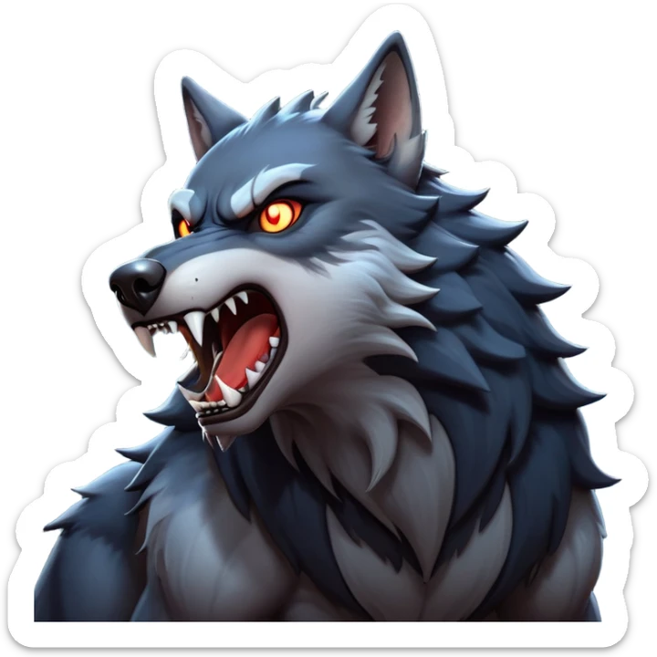 cinematic-noble-fierce-werewolf-howling-portrait-emoji, poised-and-imposing, with a fierce wolfish face tilted upwards in a haunting howl, glowing eyes full of primal ferocity, sharp, and a rugged snout, fur rippling in shades of midnight black and silver, muscles tensed as the powerful howl echoes beneath the moonlit sky; rendered with realism, capturing the raw, untamed power of the beast in its wild, primal state sticker