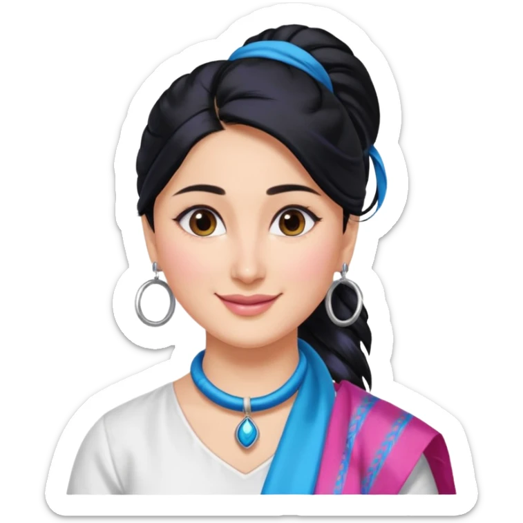 generate a pretty bratz emoji that looks like Kareena Kapoor's Geet character. 
Make her wear a white shirt with a colorful blue-pink dupatta wrapped around her neck. smiling big. Black hair tied into a side part ponytail, silver hoops

She should look exactly  like Kareena Kapoor sticker
