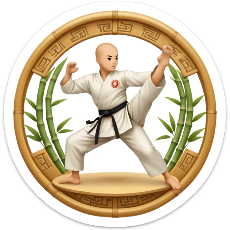 An icon symbolizing Eastern martial arts in the style of an emblem. The design features a martial artist performing a graceful kick or strike, surrounded by traditional elements like a dojo, bamboo, and ancient scrolls. The background reflects a serene, disciplined atmosphere. sticker