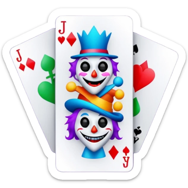 bunch of 3 poker cards, with crazy colorful jolly jokers inside, inversed face sticker