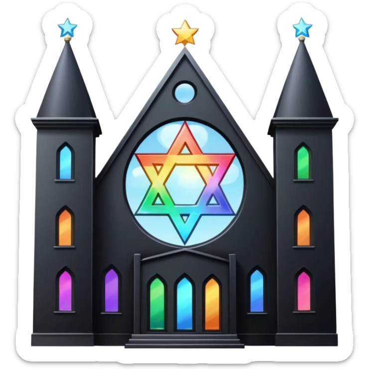 jewish synagogue temple in dark goth aesthetic style with black building and very light rainbow tint glass windows and star of david and celestial symbolism sticker