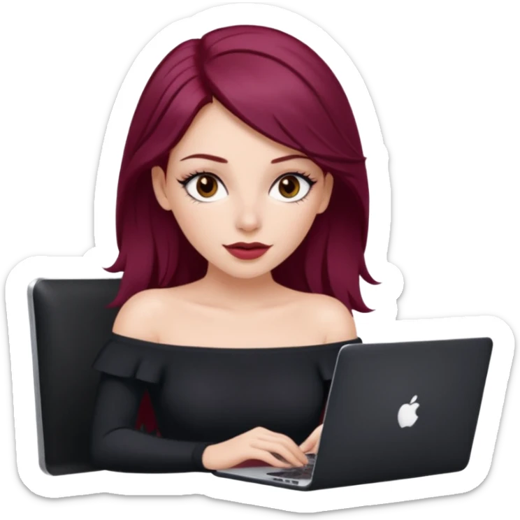 white girl, long blow-out style with middle part, burgundy hair, brown eyes, long eyelashes, full lips, off the shoulder black fitted top, laptop in front  sticker