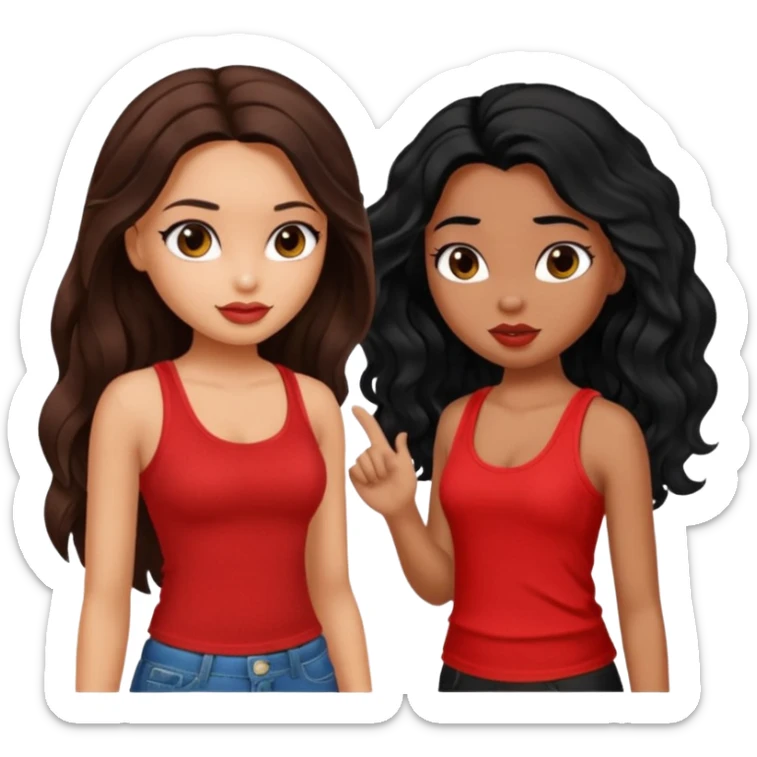generate a pretty tan bratz girl with brown wavy hair long wearing a red tank top. talking to a girl with black hair wearing black sticker
