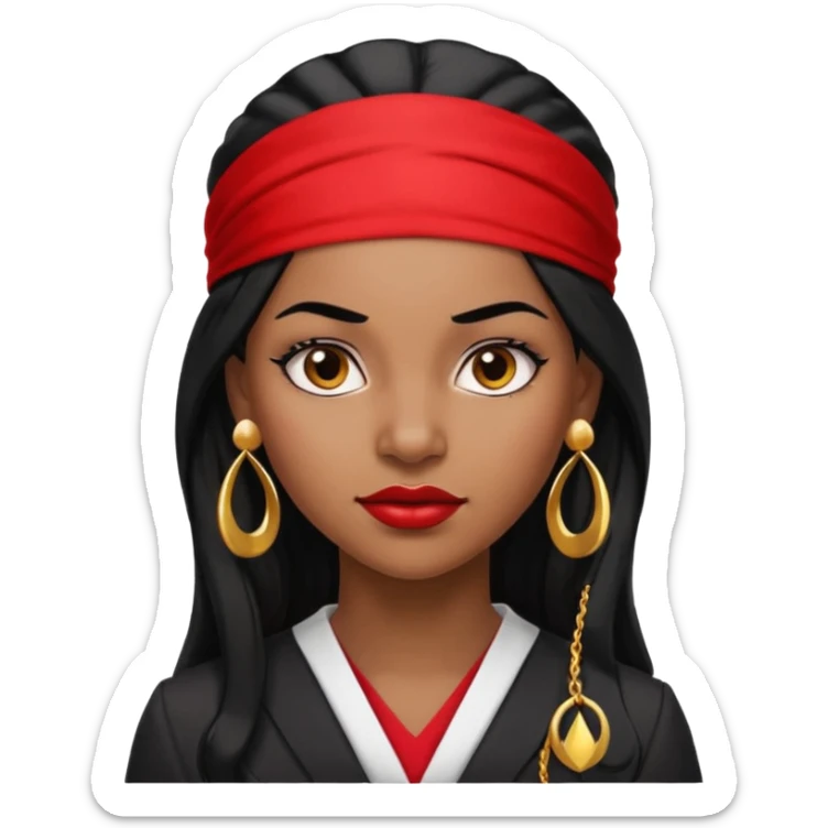 Black woman, 30 years old, lawyer, long black hair, red headband, strong and sharp expression, small round earrings sticker