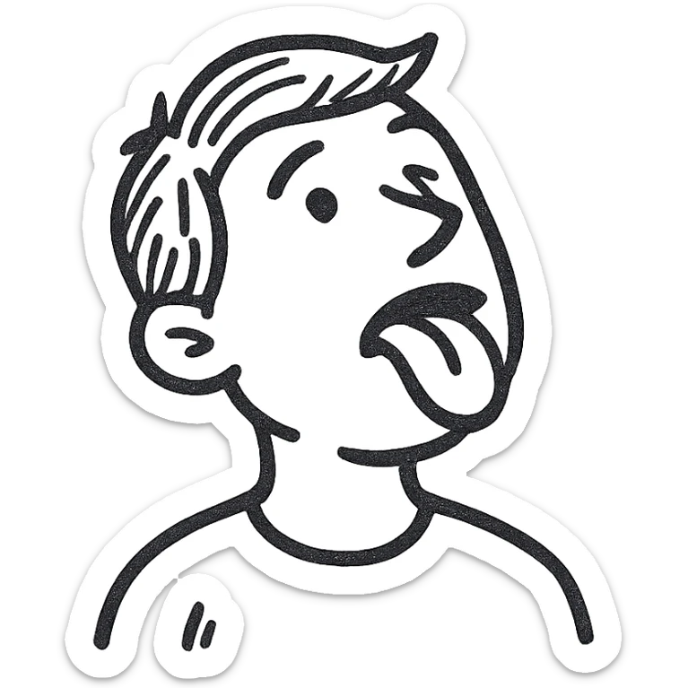 hand drawn style illustration of a man sticking out his tongue and looking up to the sky sticker
