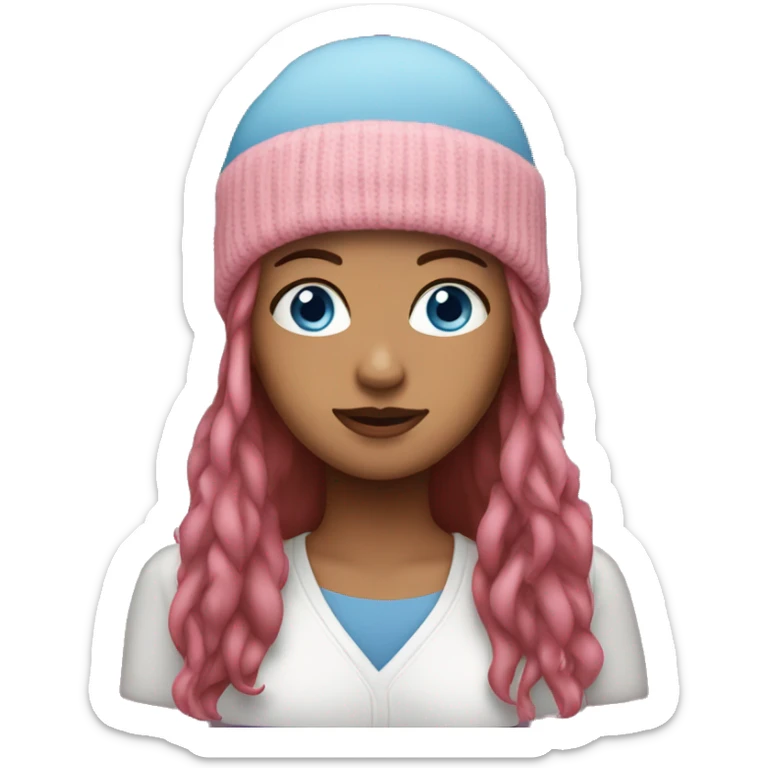 woman with blue eyes, long brown hair, and pink beanie sticker