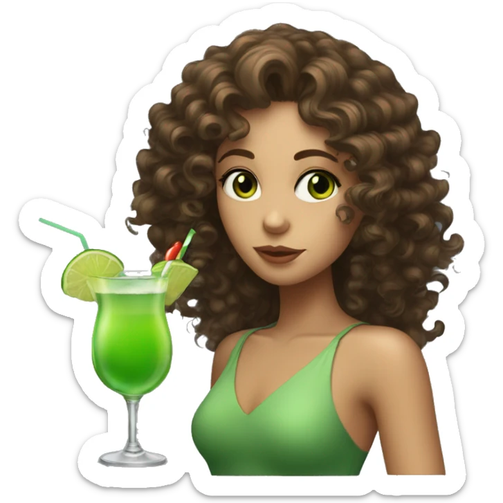 A girl with curly brown hair and green eyes, sipping a cocktail sticker