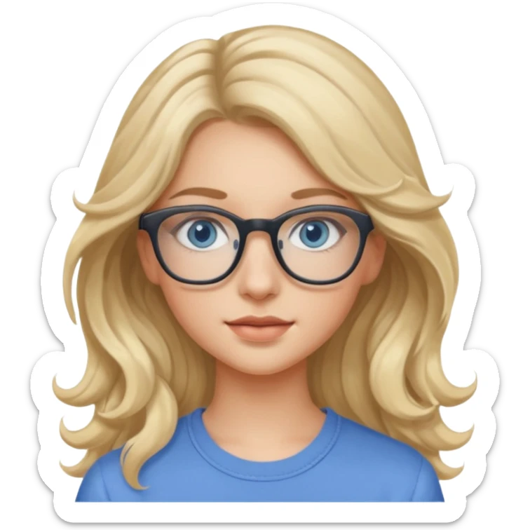 Fille 20ans qui a des cheveux long et blond et wavy avec des lunettes et des yeux bleu- gris avec du mascara sur les yeux sticker