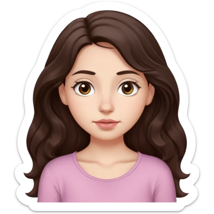 Aesthetic white girl with really long wavy/curly hair color dark brown, hair must be in front of the shoulders (hair in front of the shoulders). Big almond shape tired eyes color brown with dark circles, wide nose, natural lips, sweet expression. Dressed with a cute tight top color light pink. sticker