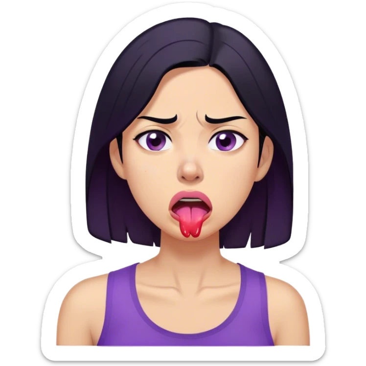 A digitally illustrated emoji-style character of a woman with shoulder-length black hair, wearing a purple shirt. Her expression shows extreme exhaustion or dehydration—her eyes are bloodshot and dry, her tongue is sticking out, and she has a single sweat drop on her cheek. The image has a clean white background sticker