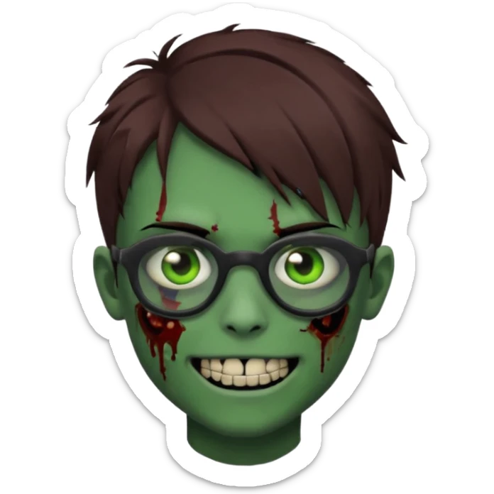 Zombie emo boy, green skin and brown hair, black glasses and a scary smile, scars and blood under eyes sticker