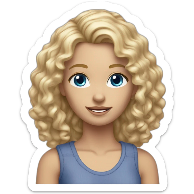 realistic caucasian long curly blonde blue eyed woman purple top blue jeans white sneakers sticker