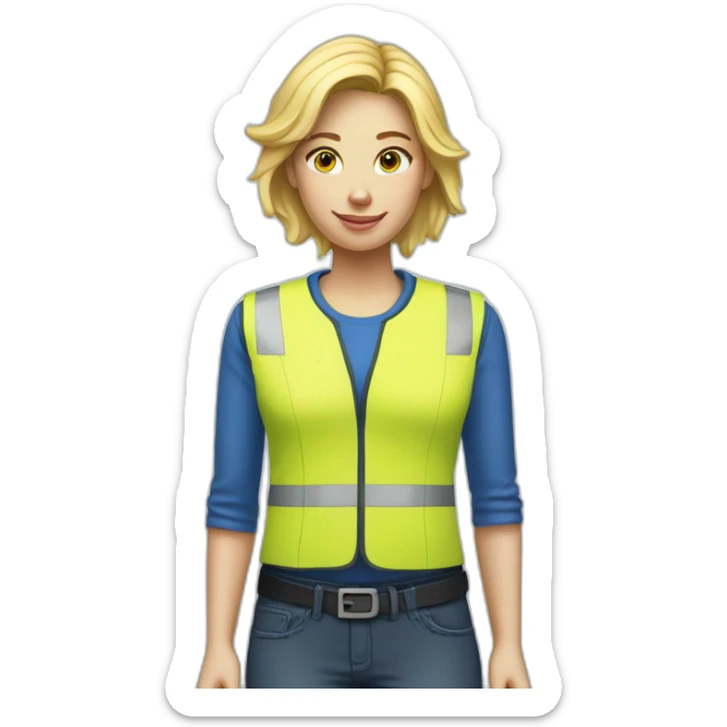 Ikea coworker blond woman blue stripes blue t-shirt and yellow security vest scanning palets sticker