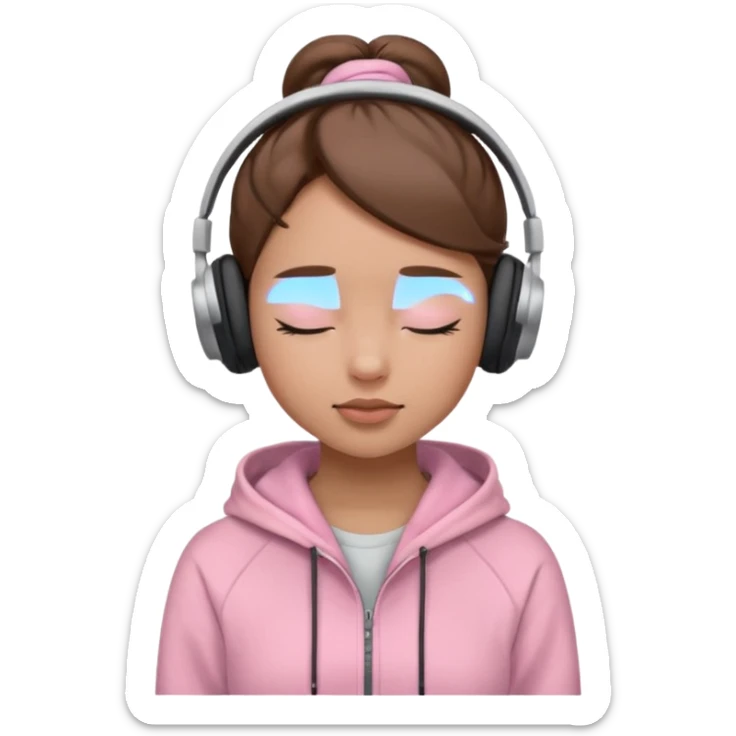 light skin girl, brown hear in a bun, eyes are closed, wearing headphones, light pink hoodie sticker