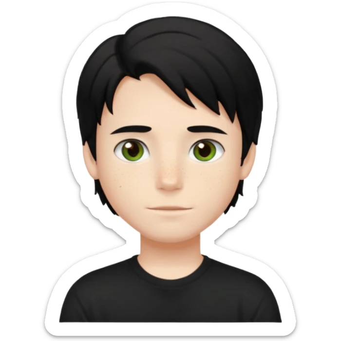 A beautiful boy with black hair and hazel green and brown eyes and white skin , with dark freckles and black t shirt with HAIRCUT: middle part hair hair with a center part haircut long  sticker