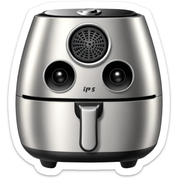 An air fryer with the knobs and handles made to look it's eyes, nose and mouth, hysterically crying with laughter sticker