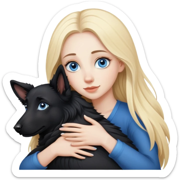 pretty woman with pale skin and with BLUE eyes and very long blonde hair  hugging a black shepherd dog sticker