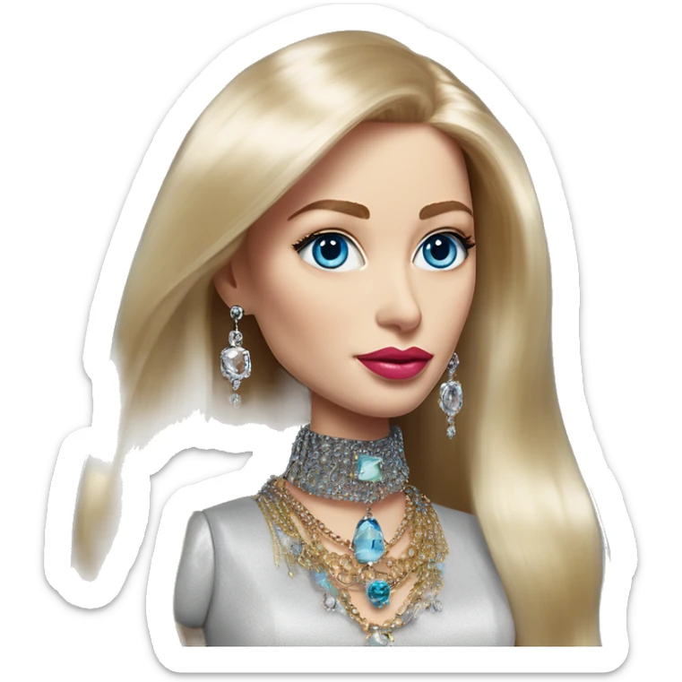 Serene Elon Musk with jewelry in Barbie style, oil paint, mysterious eyes, intricate lips, masterpiece portrait, beautiful, desirable, logical sticker